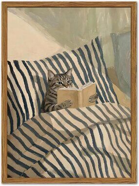 Whimsical Cat Wall Art, Cute Tabby Reading Book Canvas Print for Cozy Home Decor